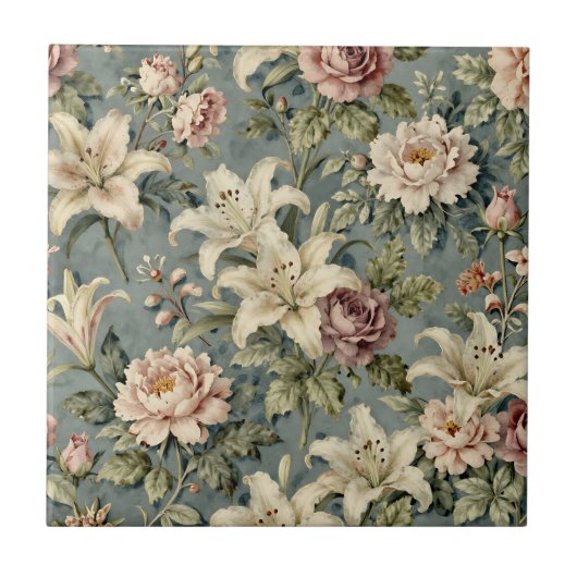 Vintage Peony Lily Floral Pattern タイル (正面)