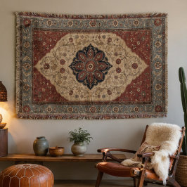 Vintage Persian Floral Rug Burgundy & Navy Orienta スローブランケット
