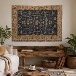 Vintage Persian Floral Rug – Navy Blue & Gold Boho スローブランケット