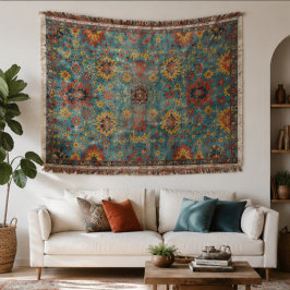 Vintage Persian Floral Rug Turquoise Blue & Gold B スローブランケット