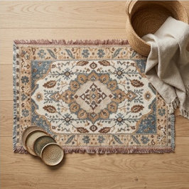 Vintage Persian Floral Warm Ivory and Muted Blue スローブランケット