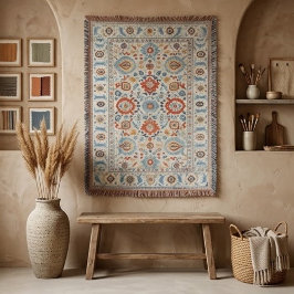 Vintage Persian Folk Floral Blue and Red スローブランケット