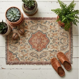 Vintage Persian Terracotta Floral Medallion スローブランケット