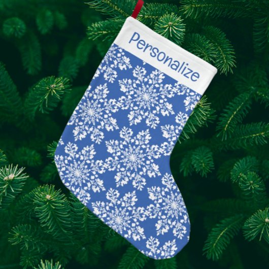 Vintage Personalized Blue White Snowflakes ラージクリスマスストッキング