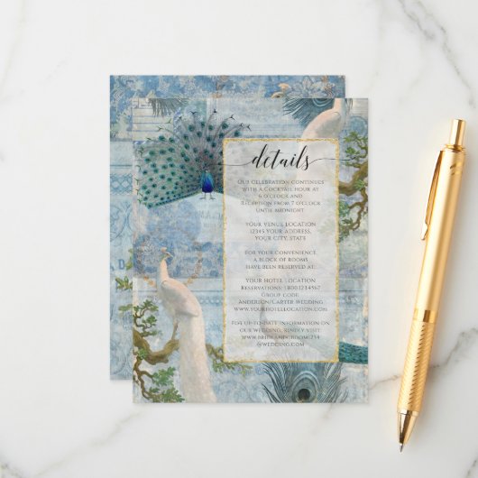 Vintage Pfauenfedern Blau Weiß Script Details エンクロージャーカード (正面/裏面インサイチュ)