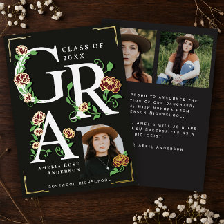 Vintage Photo Floral Graduation Foil Announcement 箔招待状