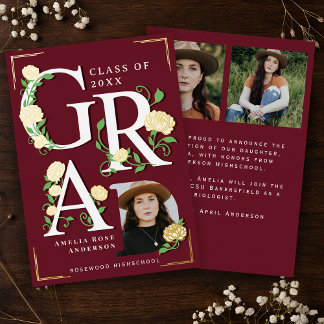 Vintage Photo Floral Graduation Foil Announcement 箔招待状