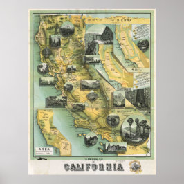 Vintage Pictorial California Map Poster 1888 ポスター
