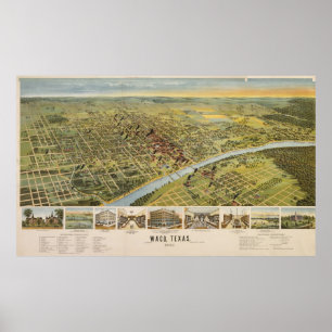 Vintage Pictorial Map of Waco Texas (1892) ポスター