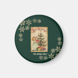 Vintage Pine Tree Little Girls Presents Snowflakes マグネット