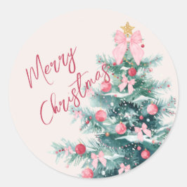 Vintage Pink and Pastel Watercolor Christmas Tree  ラウンドシール