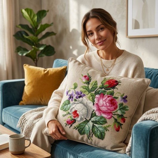 Vintage Pink and WhiteFloral Cross Stitch クッション