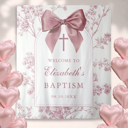 Vintage Pink Bow Baptism Photo Backdrop タペストリー