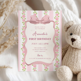 Vintage Pink Bow Floral Coquette 1st Birthday 招待状