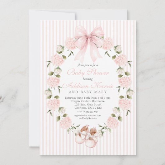 Vintage Pink bow Girl Baby Shower  招待状 (正面)