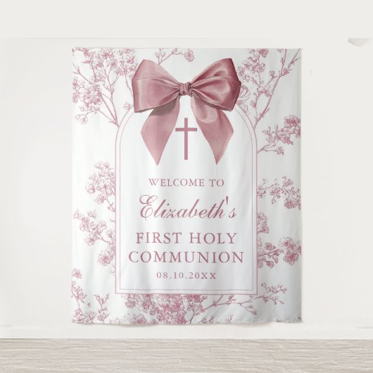 Vintage Pink Bow Holy Communion Photo Backdrop タペストリー (正面)