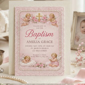 Vintage Pink Cherub and Rose Baptism Invitation  招待状