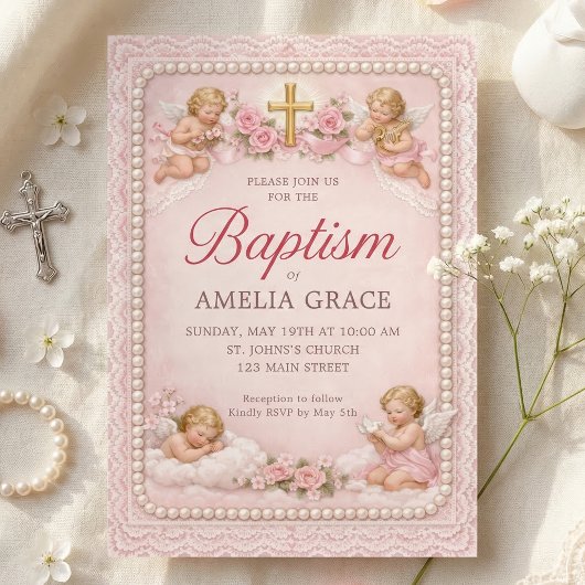 Vintage Pink Cherub and Rose Baptism Invitation  招待状
