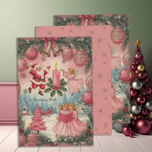 Vintage Pink Christmas Scene ラッピングペーパーシート
