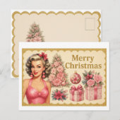 Vintage Pink Christmas Tree Postcard ポストカード (正面/裏面)