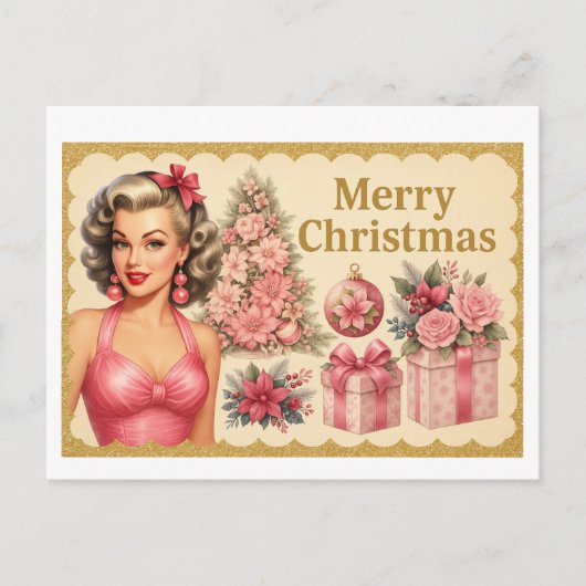 Vintage Pink Christmas Tree Postcard ポストカード (正面)