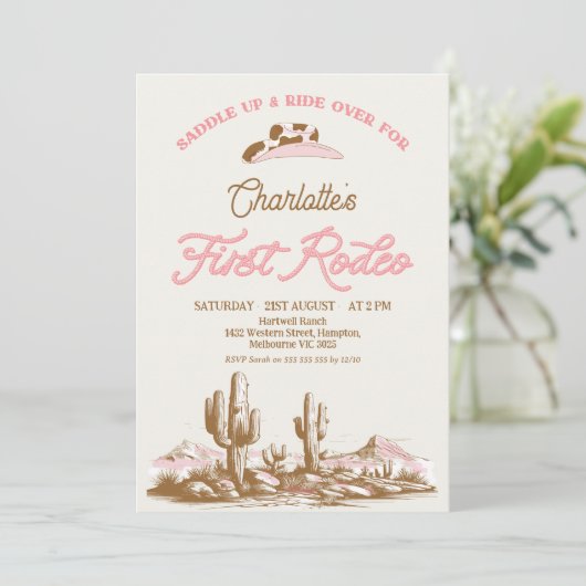 Vintage Pink Cowgirl First Rodeo 1st Birthday 招待状 (スタンド正面)
