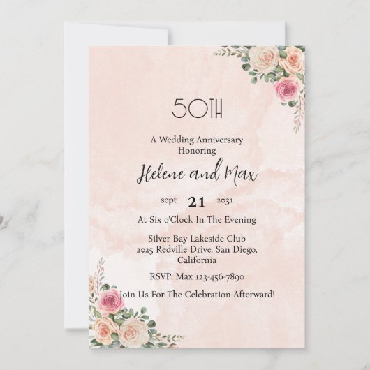 Vintage Pink Cream Floral Wedding Anniversary  招待状 (正面)