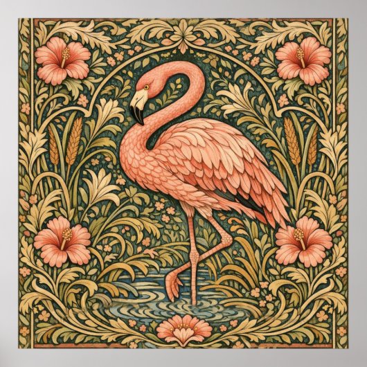 Vintage Pink Flamingo art nouveau design ポスター (正面)