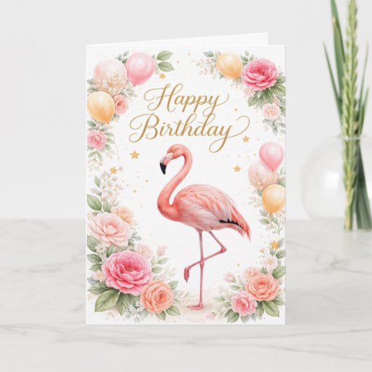 Vintage Pink Flamingo Birthday カード (正面)