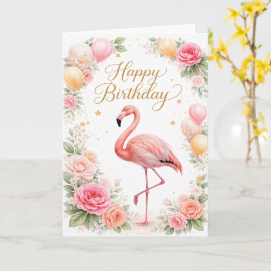 Vintage Pink Flamingo Birthday カード (黄色い花)