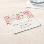 Vintage Pink Floral Spring Wedding スクエアペーパーコースター (アングル)