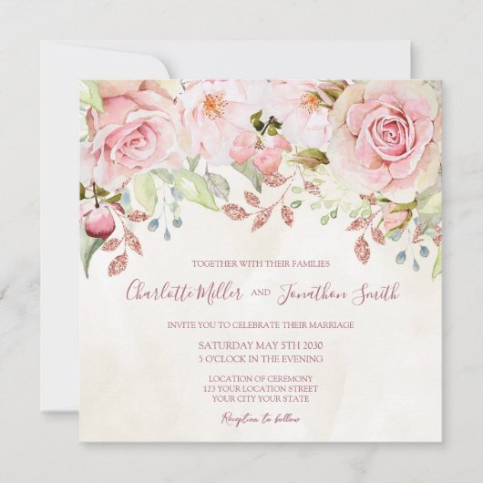 Vintage Pink Floral Spring Wedding Invitations 招待状 (正面)