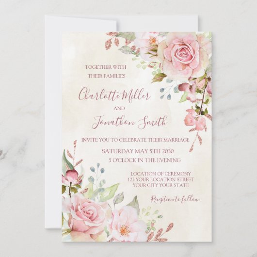 Vintage Pink Floral Spring Wedding Invitations 招待状 (正面)