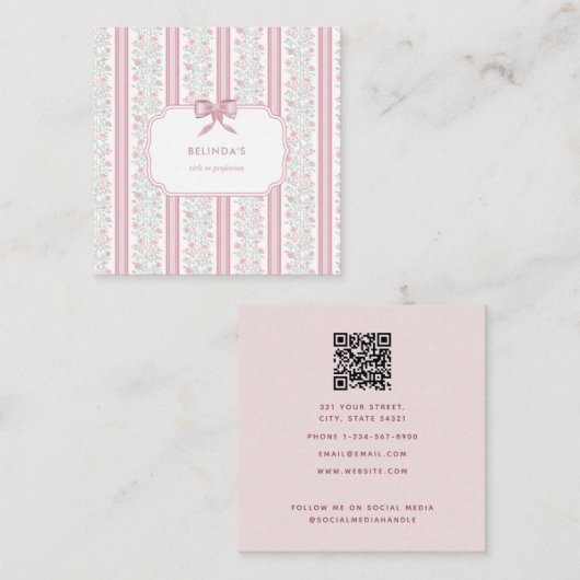 Vintage Pink Floral Wildflowers Coquette Bow スクエア名刺 (正面/裏面)