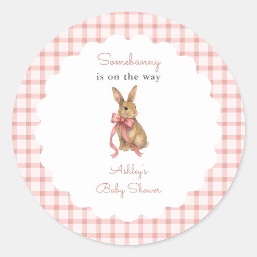 Vintage Pink Gingham Bunny Girl Baby Shower ラウンドシール (正面)