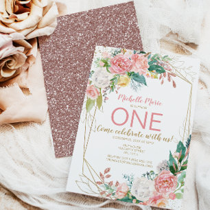 Vintage Pink Gold Floral Rose First Birthday 招待状