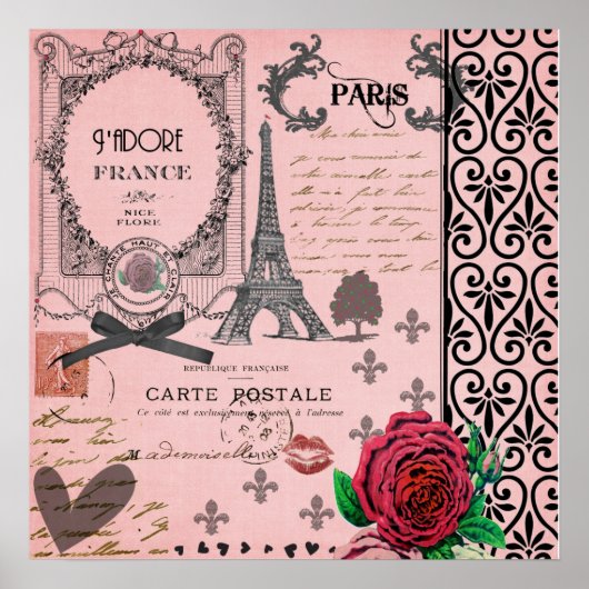 Vintage Pink Paris Collage art poster ポスター (正面)