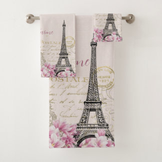 Vintage Pink Paris Eiffel Tower Romantic Collage B バスタオルセット
