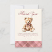 Vintage Pink Plaid Teddy Bear Baby Shower サンキューカード (正面)