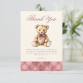 Vintage Pink Plaid Teddy Bear Baby Shower サンキューカード (スタンド正面)