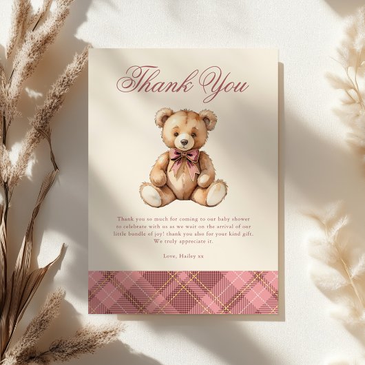 Vintage Pink Plaid Teddy Bear Baby Shower サンキューカード