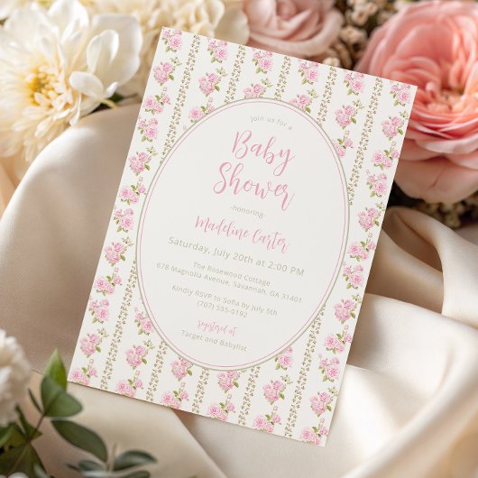 Vintage Pink Rose Baby Shower  招待状