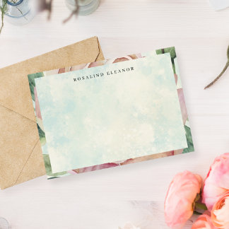 Vintage Pink Rose Blue Splash Watercolor ノートカード