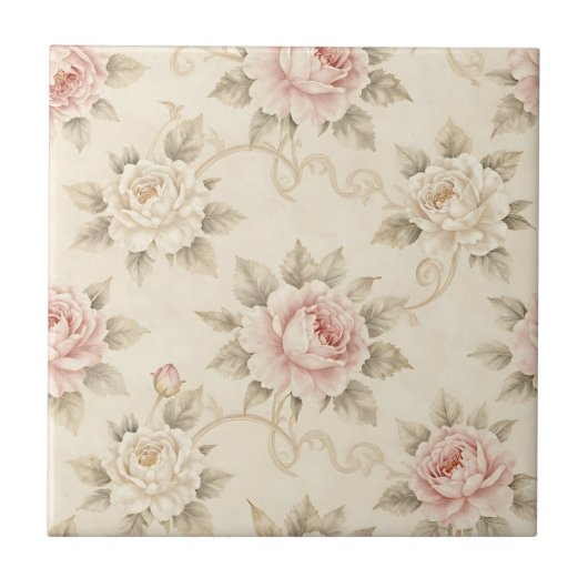 Vintage Pink Rose Damask Floral Pattern タイル (正面)