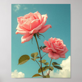 Vintage Pink Roses Blue Sky Botanical Floral Art ポスター