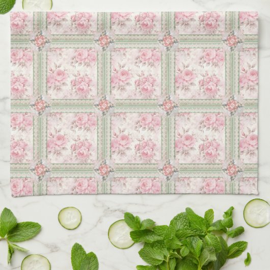 Vintage Pink Roses Patchwork キッチンタオル (折り畳み)