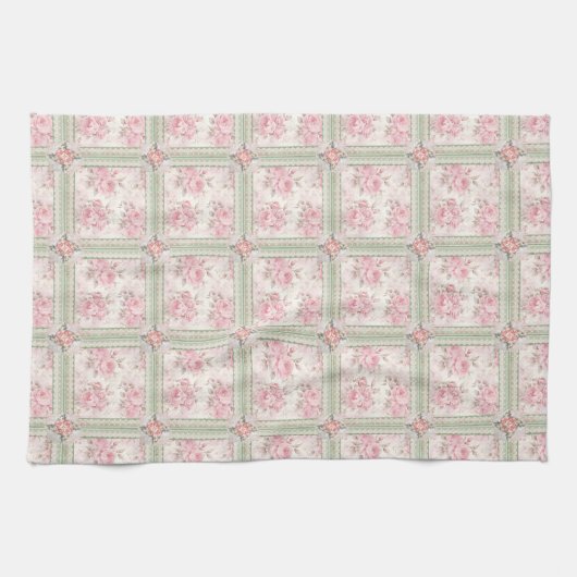 Vintage Pink Roses Patchwork キッチンタオル (横)