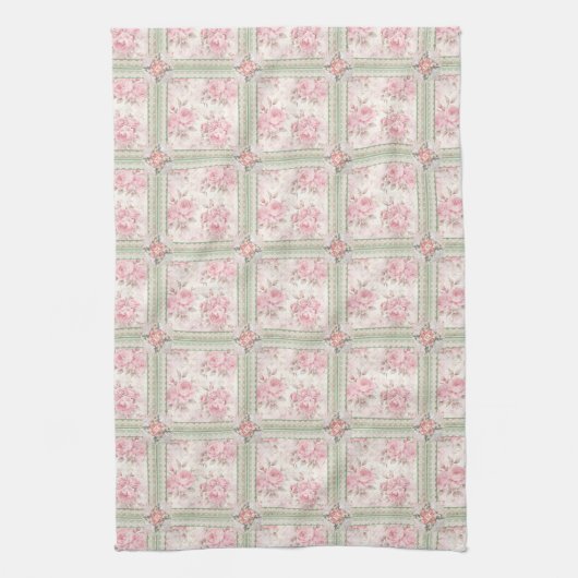 Vintage Pink Roses Patchwork キッチンタオル (縦)