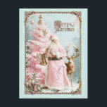 Vintage pink Santa Claus deer tree Christmas card シーズンポストカード<br><div class="desc">Vintage pink Santa Claus deer tree Christmas mint card</div>