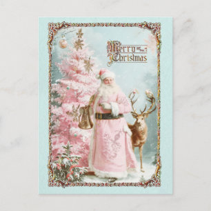 Vintage pink Santa Claus deer tree Christmas card シーズンポストカード